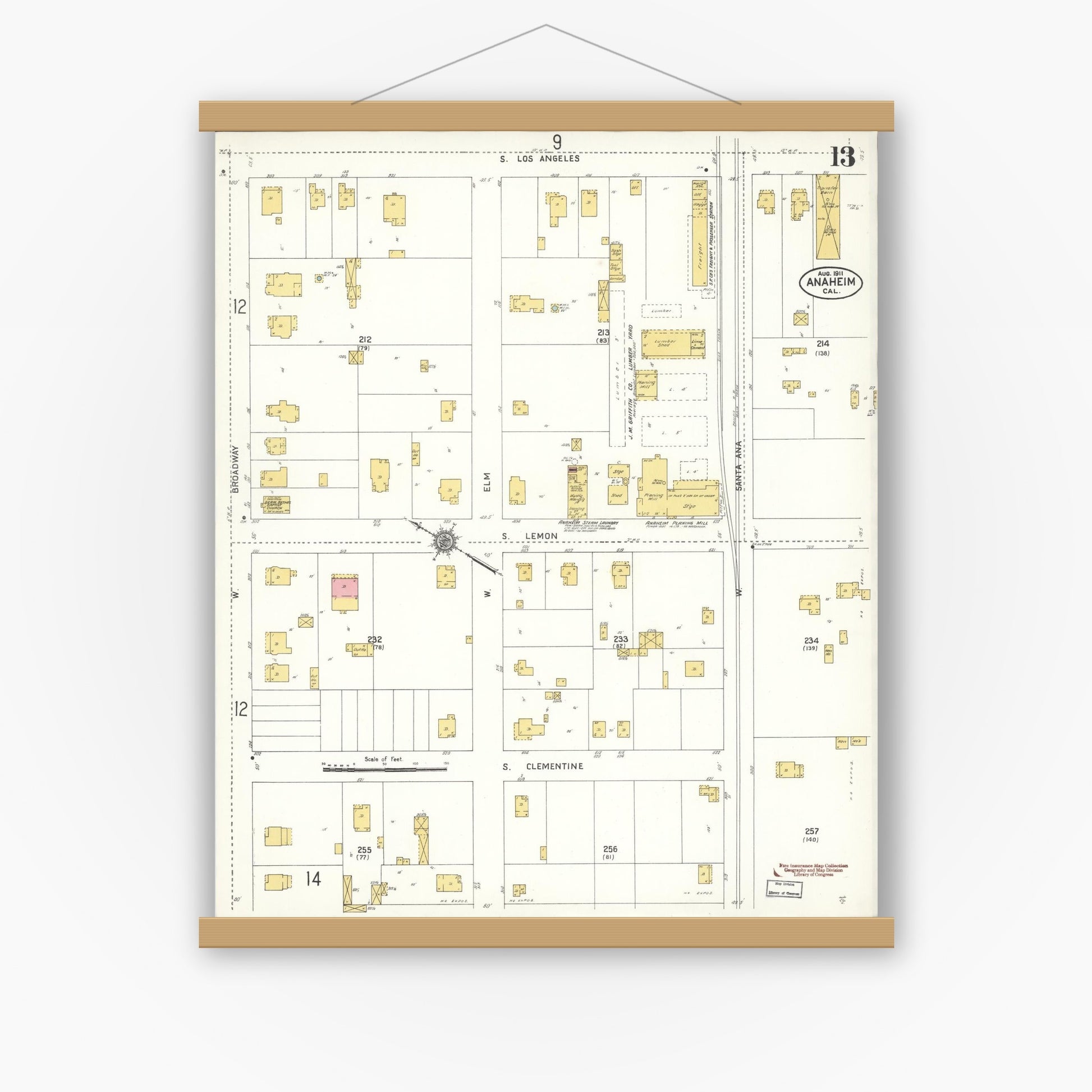 Old map wall art mockup — magnetic wood frame on white wall — Sanborn Fire Insurance Map from Anaheim, Orange County, California (1911), Sheet #0013