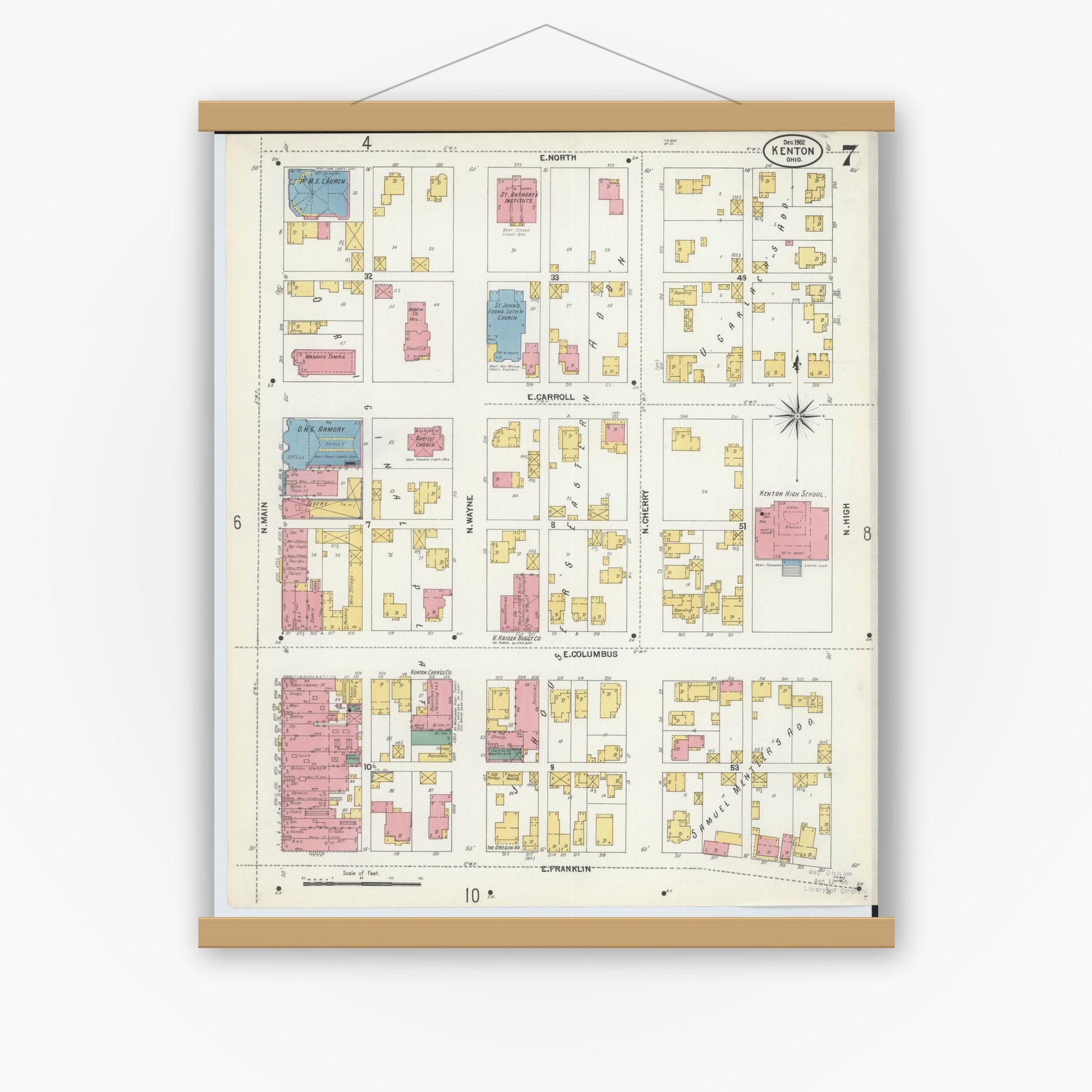 Old map wall art mockup — magnetic wood frame on white wall — Sanborn Fire Insurance Map from Kenton, Hardin County, Ohio (1902), Sheet #0007