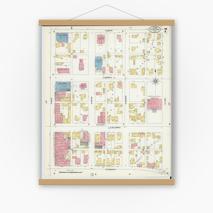 Old map wall art mockup — magnetic wood frame on white wall — Sanborn Fire Insurance Map from Kenton, Hardin County, Ohio (1902), Sheet #0007