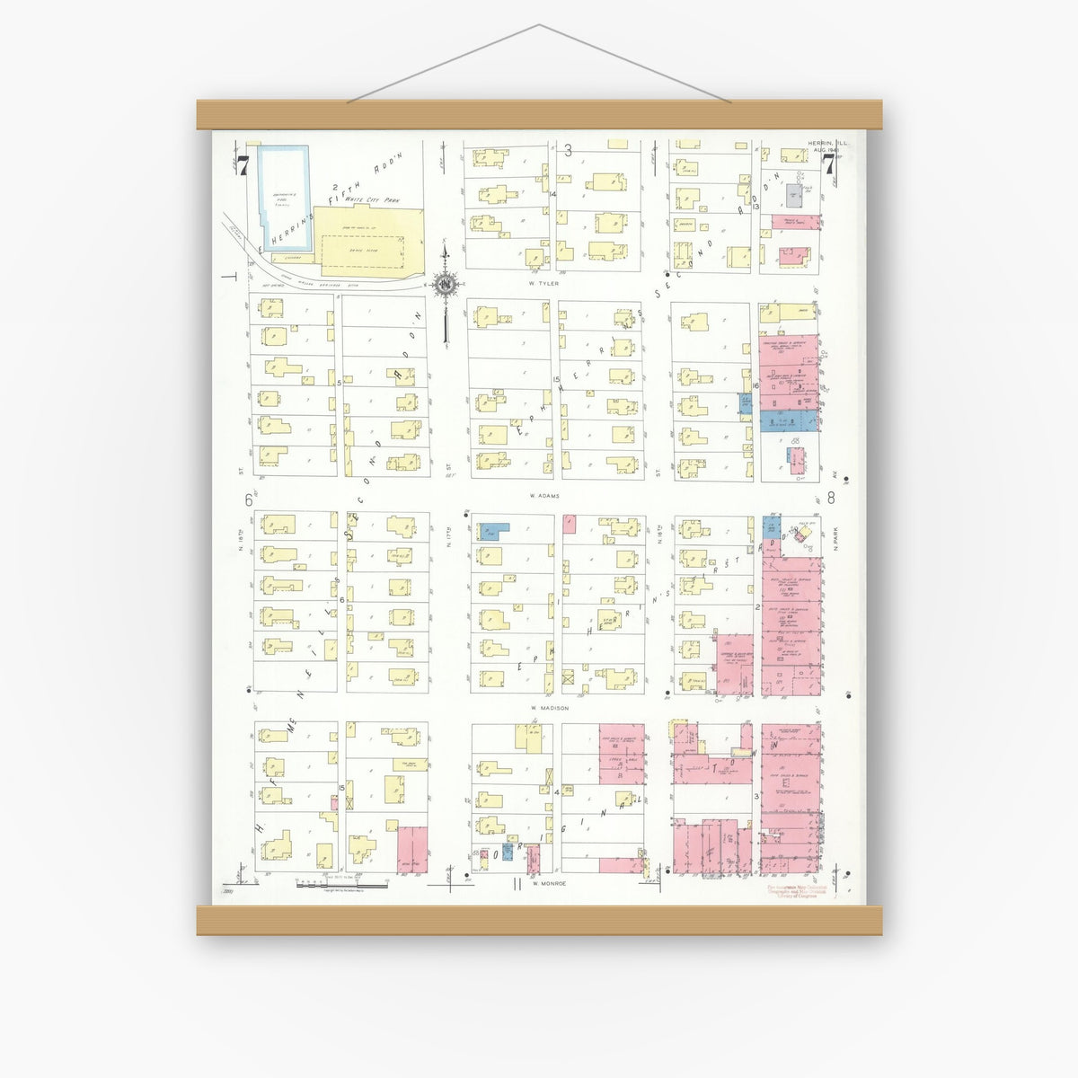 Old map wall art mockup — magnetic wood frame on white wall — Sanborn Fire Insurance Map from Herrin, Williamson County, Illinois (1941), Sheet #0007