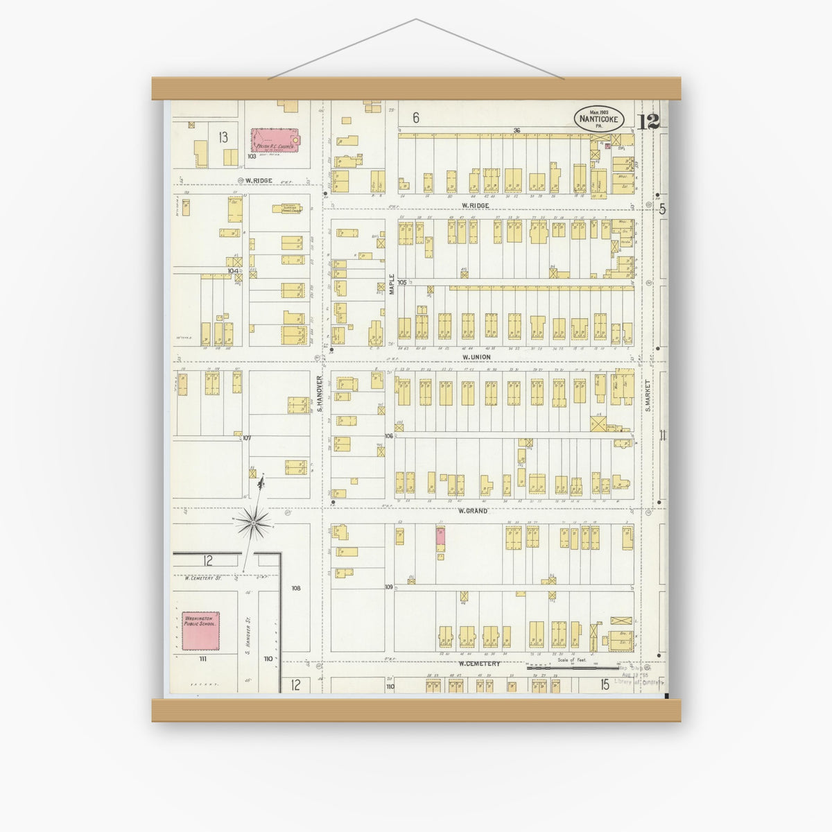 Old map wall art mockup — magnetic wood frame on white wall — Sanborn Fire Insurance Map from Nanticoke, Luzerne County, Pennsylvania (1903), Sheet #0012