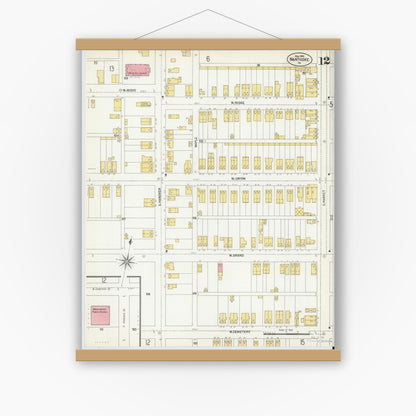 Old map wall art mockup — magnetic wood frame on white wall — Sanborn Fire Insurance Map from Nanticoke, Luzerne County, Pennsylvania (1903), Sheet #0012