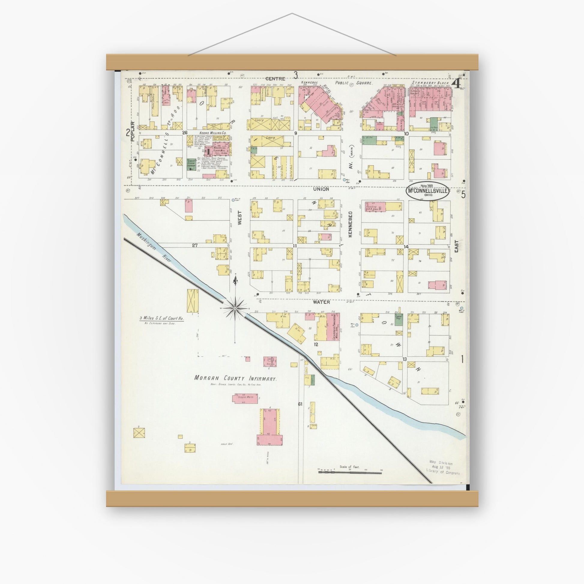 Old map wall art mockup — magnetic wood frame on white wall — Sanborn Fire Insurance Map from McConnelsville, Morgan County, Ohio (1901), Sheet #0004