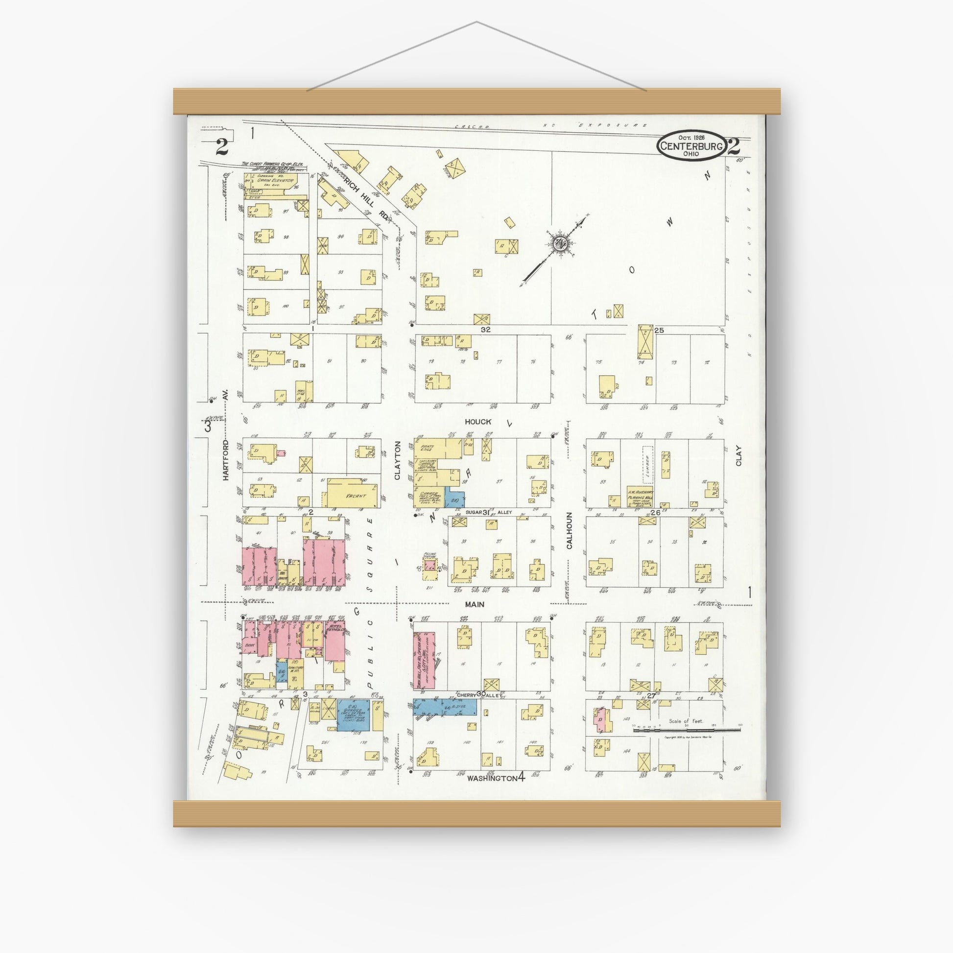 Old map wall art mockup — magnetic wood frame on white wall — Sanborn Fire Insurance Map from Centerburg, Knox County, Ohio (1926), Sheet #0002