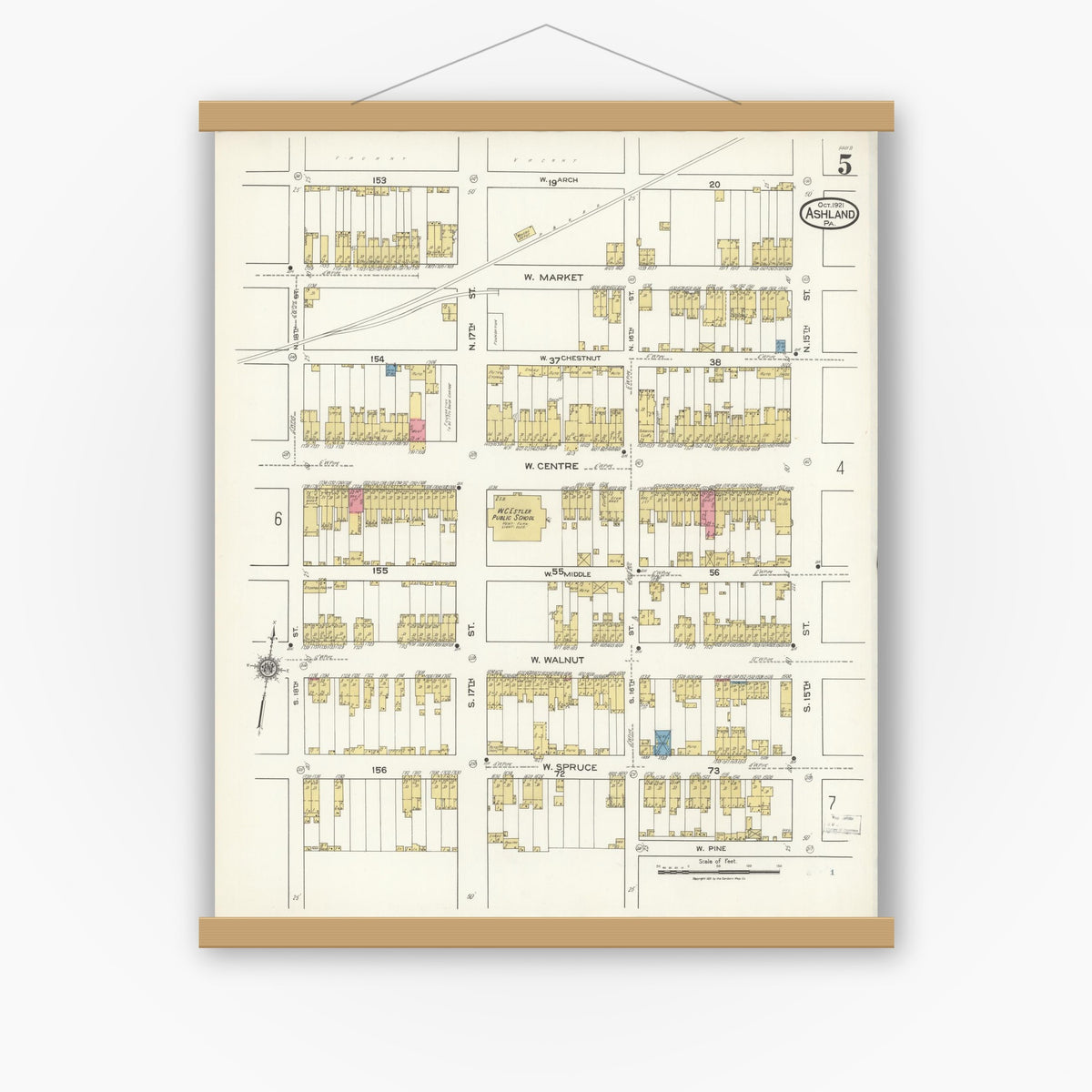Old map wall art mockup — magnetic wood frame on white wall — Sanborn Fire Insurance Map from Ashland, Schuylkill County, Pennsylvania (1921), Sheet #0005