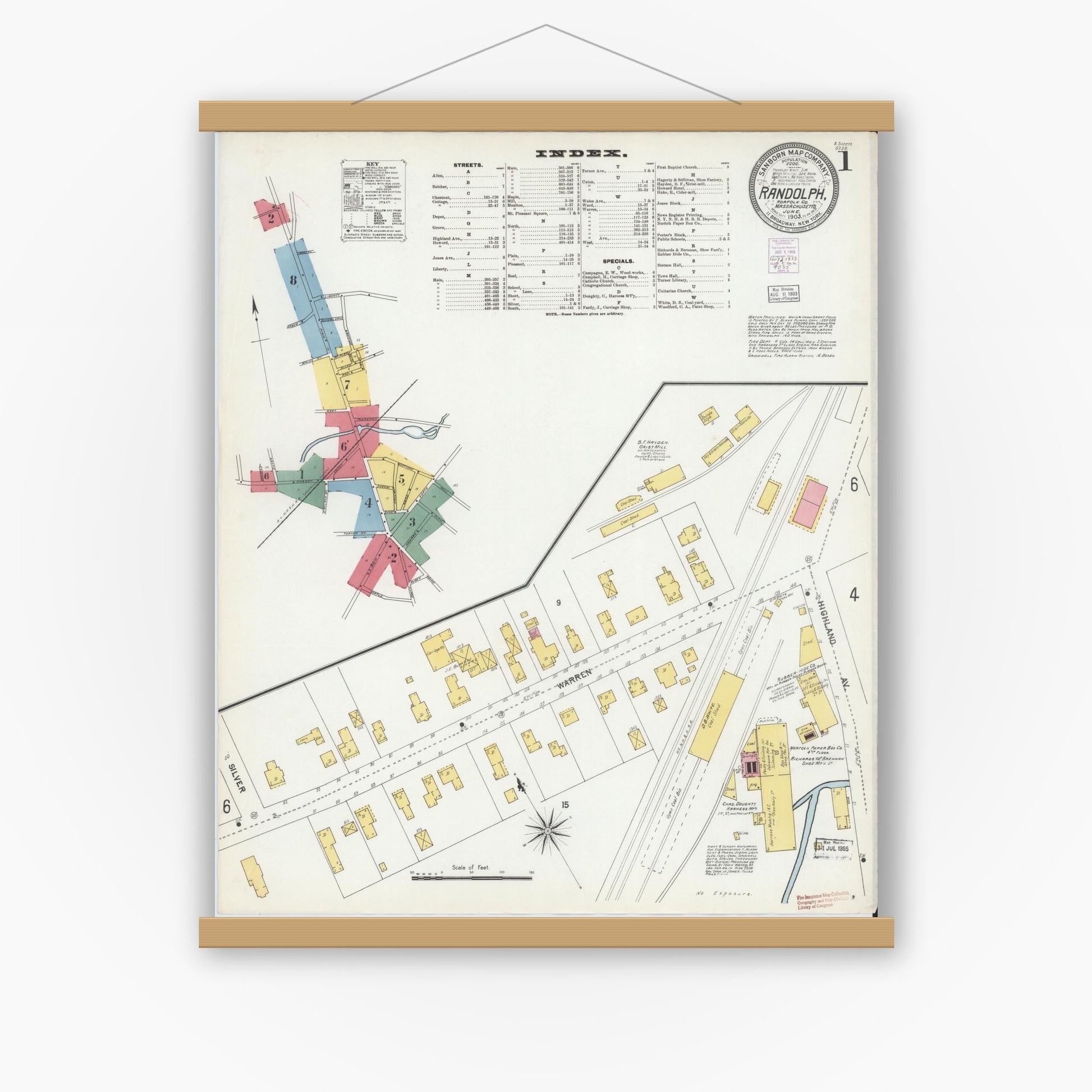 Old map wall art mockup — magnetic wood frame on white wall — Sanborn Fire Insurance Map from Randolph, Norfolk County, Massachusetts (1903), Sheet #0001