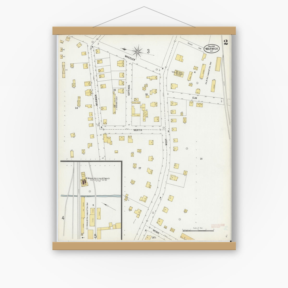 Old map wall art mockup — magnetic wood frame on white wall — Sanborn Fire Insurance Map from Warwick, Orange County, New York (1900), Sheet #0002