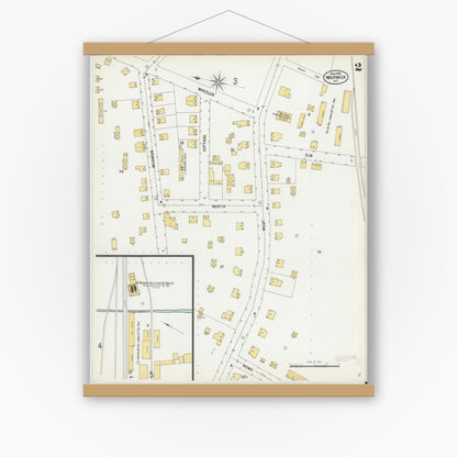 Old map wall art mockup — magnetic wood frame on white wall — Sanborn Fire Insurance Map from Warwick, Orange County, New York (1900), Sheet #0002