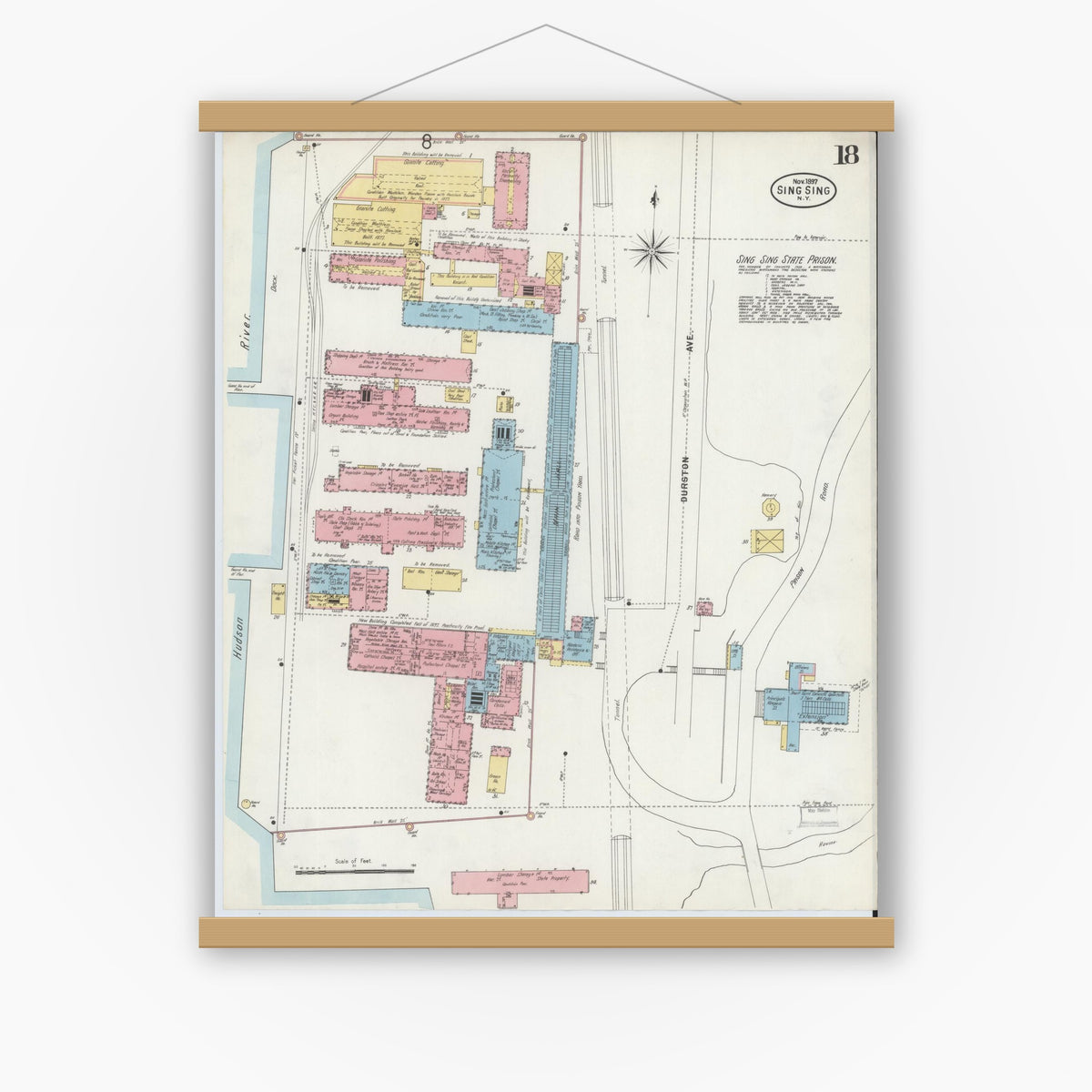 Old map wall art mockup — magnetic wood frame on white wall — Sanborn Fire Insurance Map from Sing Sing, Westchester County, New York (1897), Sheet #0018