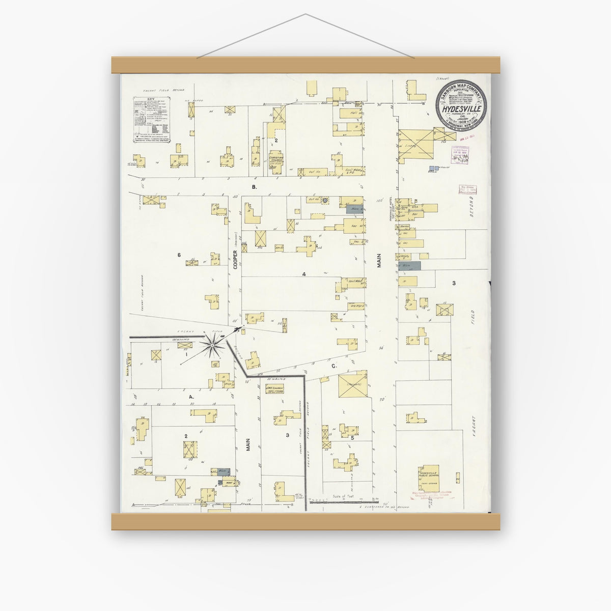 Old map wall art mockup — magnetic wood frame on white wall — Sanborn Fire Insurance Map from Hydesville, Humboldt County, California (1909), Sheet #0001