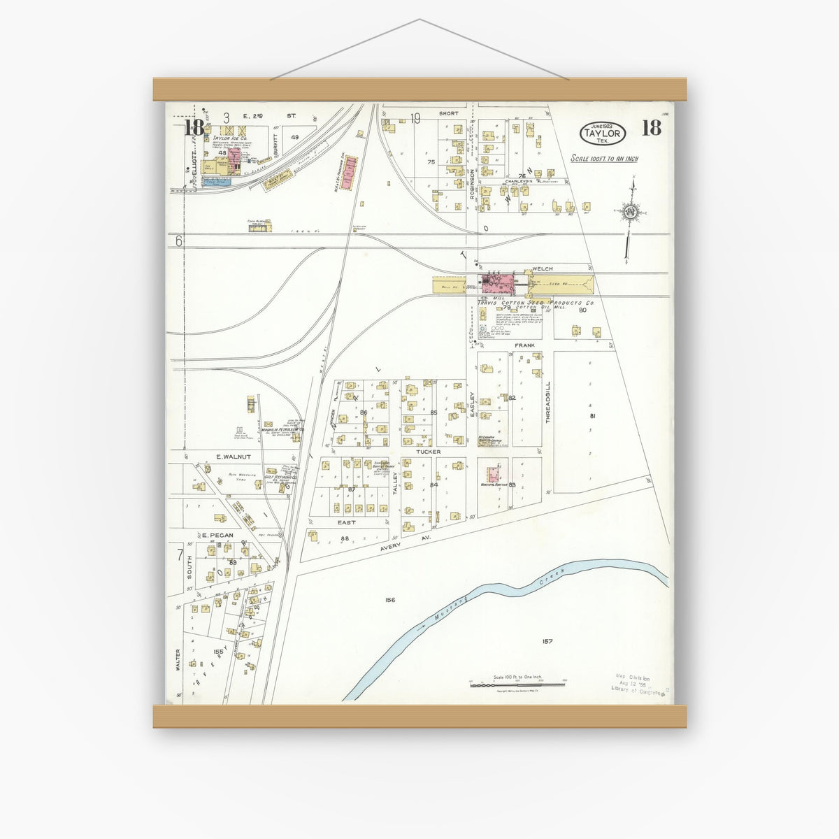 Old map wall art mockup — magnetic wood frame on white wall — Sanborn Fire Insurance Map from Taylor, Williamson County, Texas (1923), Sheet #0018