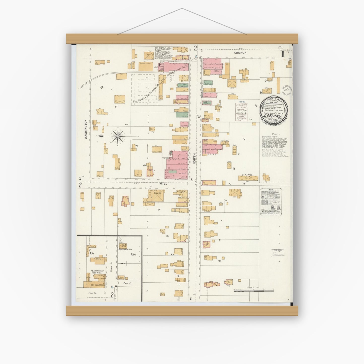 Old map wall art mockup — magnetic wood frame on white wall — Sanborn Fire Insurance Map from Zeeland, Ottawa County, Michigan (1900) - Complete Map Set