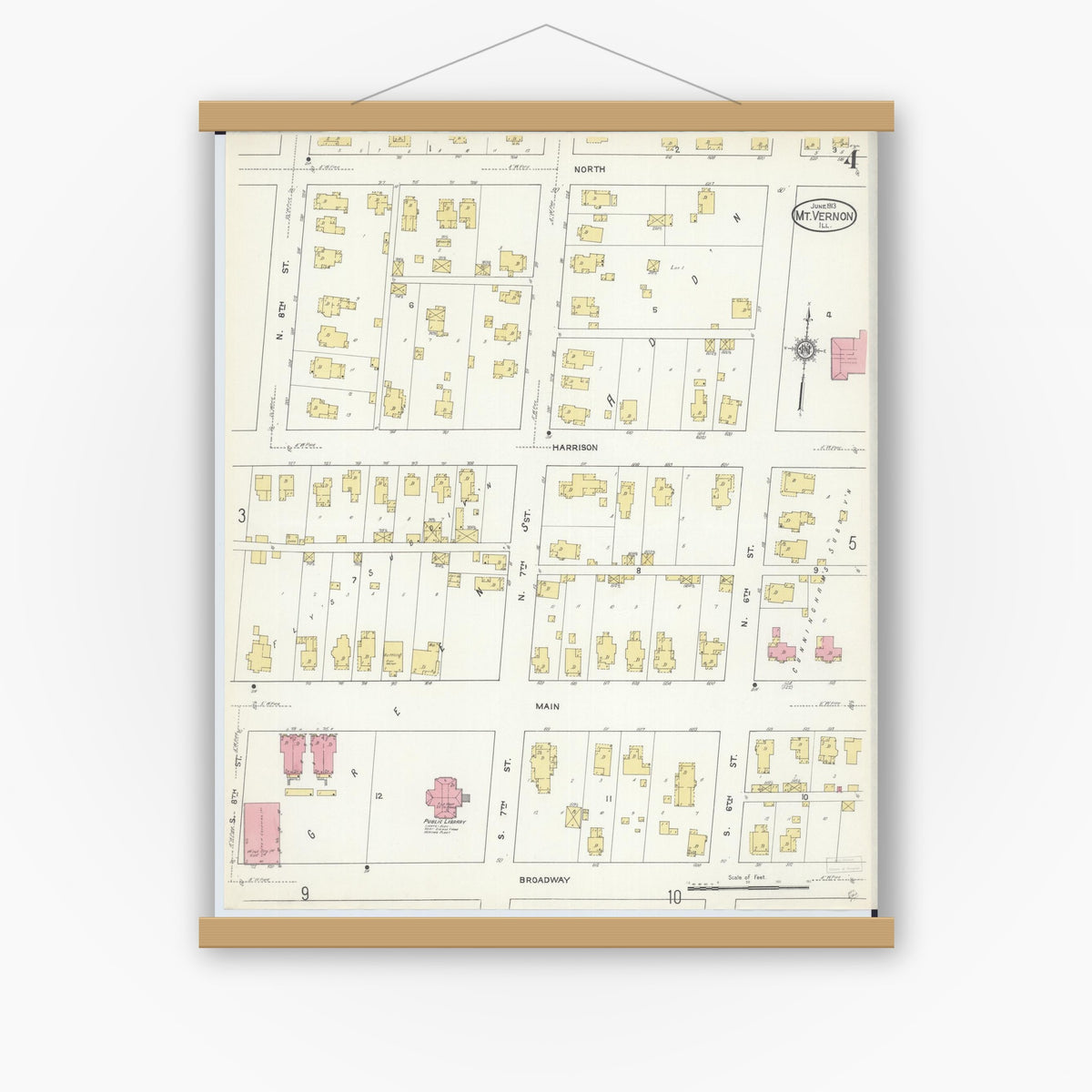 Old map wall art mockup — magnetic wood frame on white wall — Sanborn Fire Insurance Map from Mount Vernon, Jefferson County, Illinois (1913), Sheet #0004