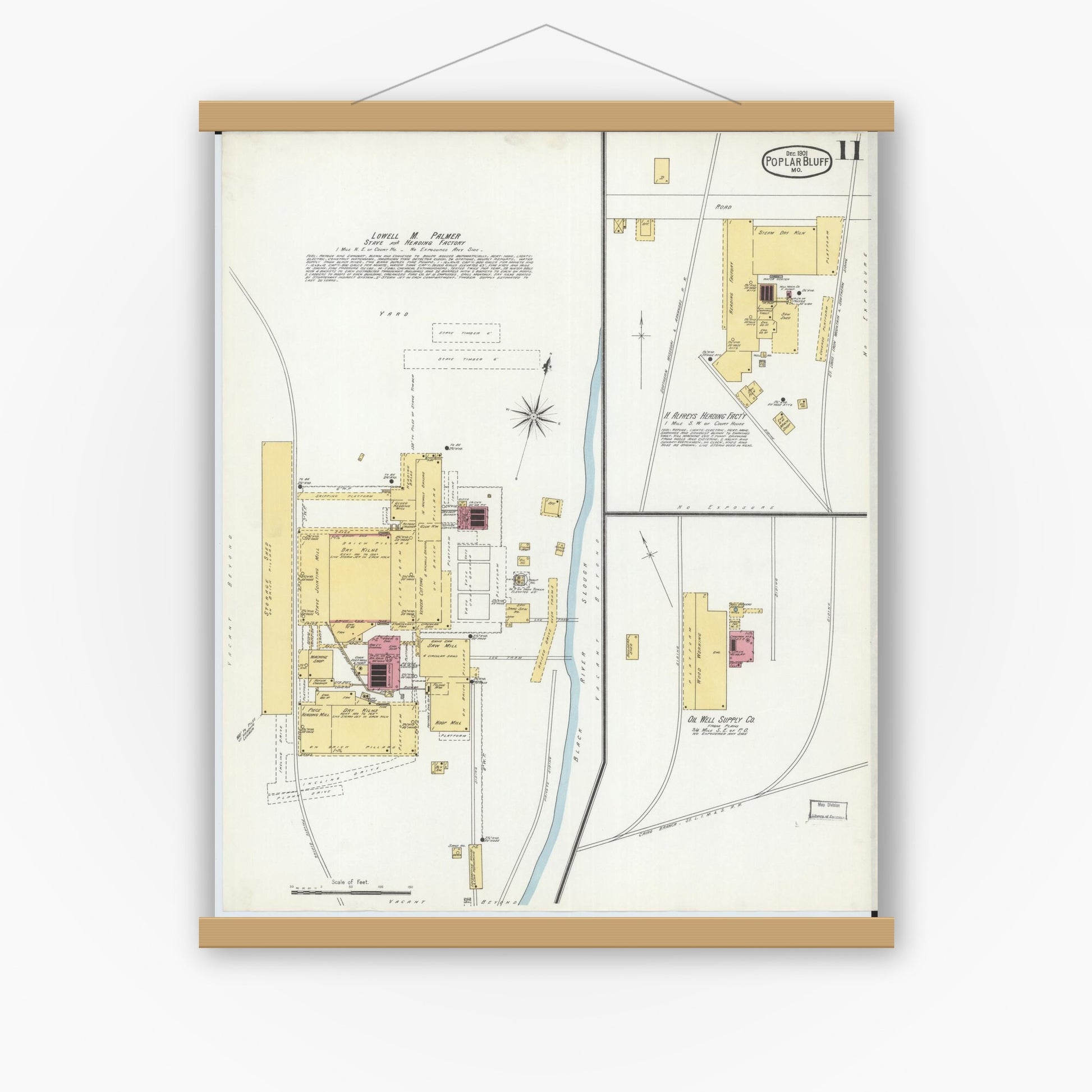 Old map wall art mockup — magnetic wood frame on white wall — Sanborn Fire Insurance Map from Poplar Bluff, Butler County, Missouri (1901), Sheet #0011