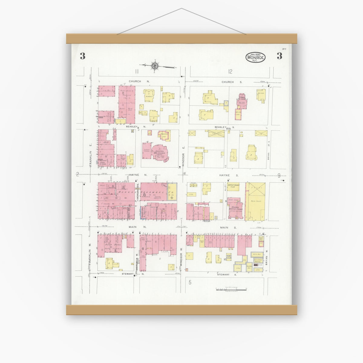 Old map wall art mockup — magnetic wood frame on white wall — Sanborn Fire Insurance Map from Monroe, Union County, North Carolina (1930), Sheet #0003