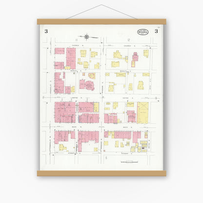 Old map wall art mockup — magnetic wood frame on white wall — Sanborn Fire Insurance Map from Monroe, Union County, North Carolina (1930), Sheet #0003