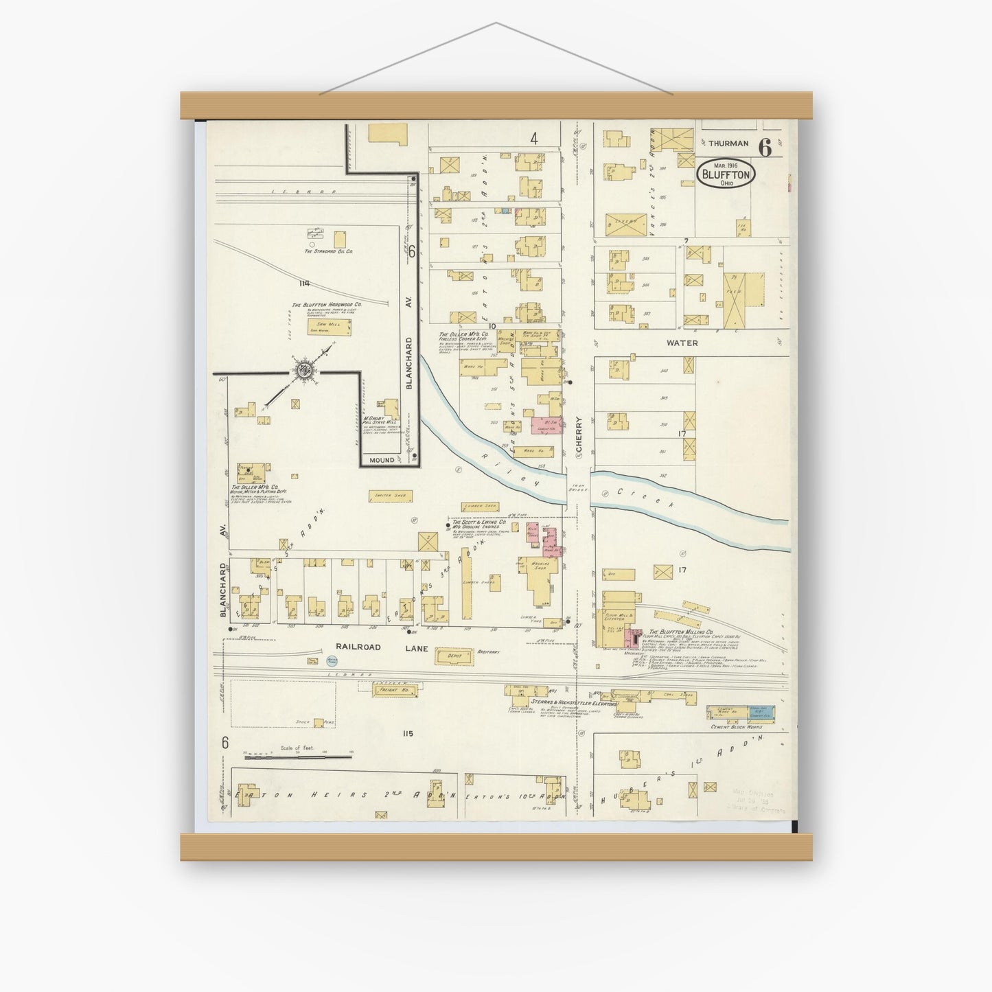 Old map wall art mockup — magnetic wood frame on white wall — Sanborn Fire Insurance Map from Bluffton, Allen County, Ohio (1916), Sheet #0006