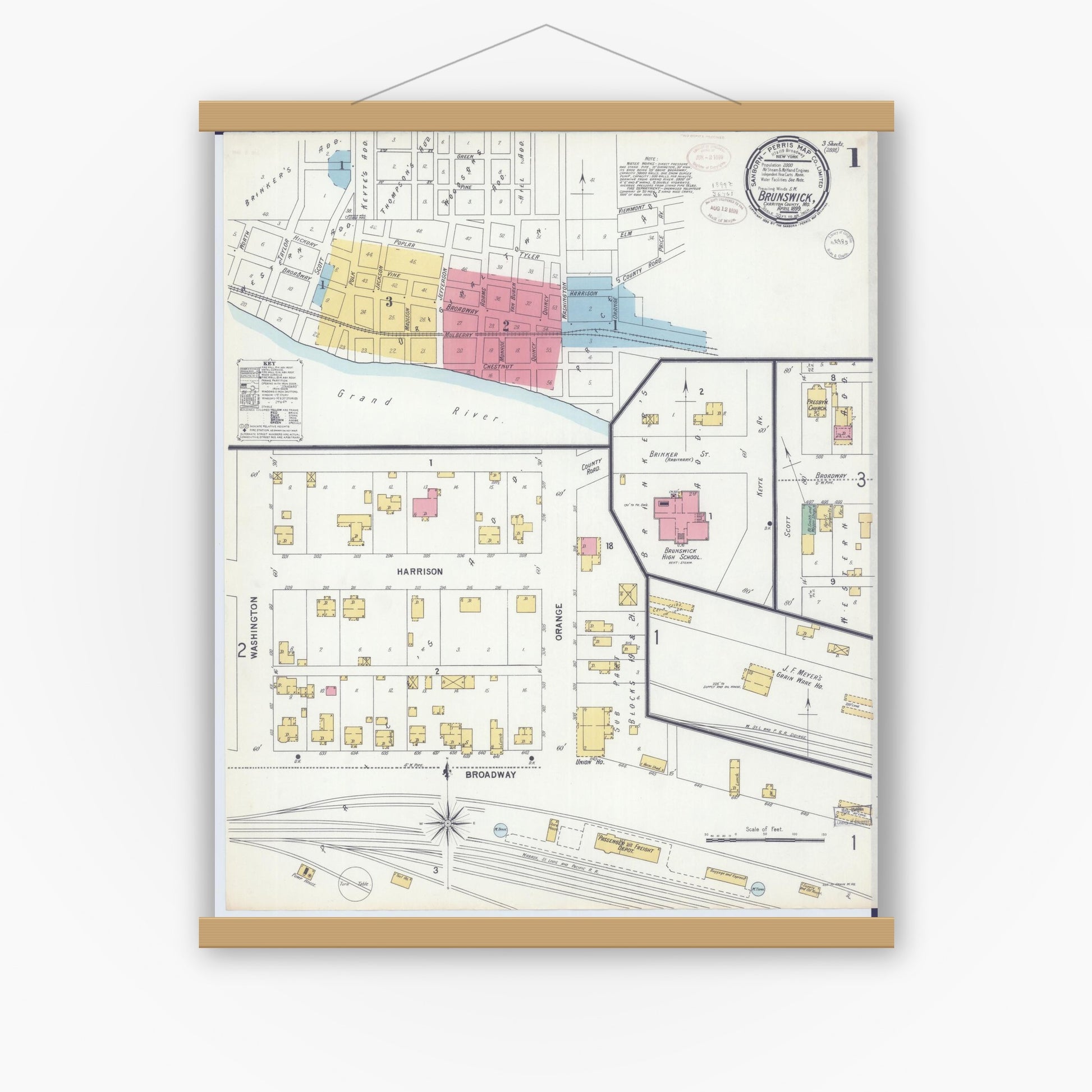Old map wall art mockup — magnetic wood frame on white wall — Sanborn Fire Insurance Map from Brunswick, Chariton County, Missouri (1899) - Complete Map Set