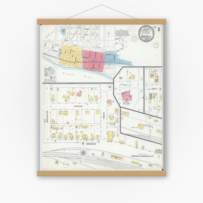 Old map wall art mockup — magnetic wood frame on white wall — Sanborn Fire Insurance Map from Brunswick, Chariton County, Missouri (1899) - Complete Map Set