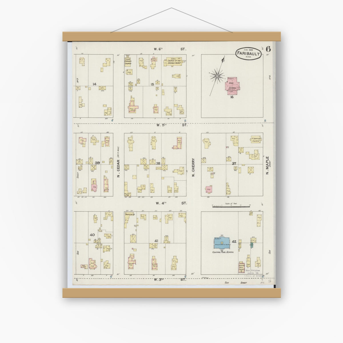 Old map wall art mockup — magnetic wood frame on white wall — Sanborn Fire Insurance Map from Faribault, Rice County, Minnesota (1889), Sheet #0006
