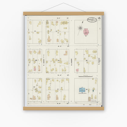 Old map wall art mockup — magnetic wood frame on white wall — Sanborn Fire Insurance Map from Faribault, Rice County, Minnesota (1889), Sheet #0006