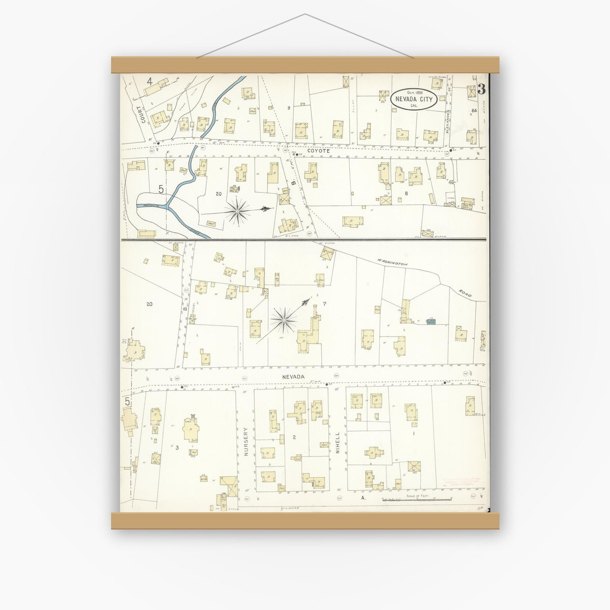 Old map wall art mockup — magnetic wood frame on white wall — Sanborn Fire Insurance Map from Nevada City, Nevada County, California (1898), Sheet #0003