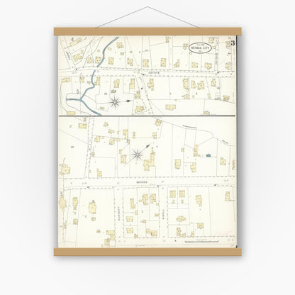 Old map wall art mockup — magnetic wood frame on white wall — Sanborn Fire Insurance Map from Nevada City, Nevada County, California (1898), Sheet #0003