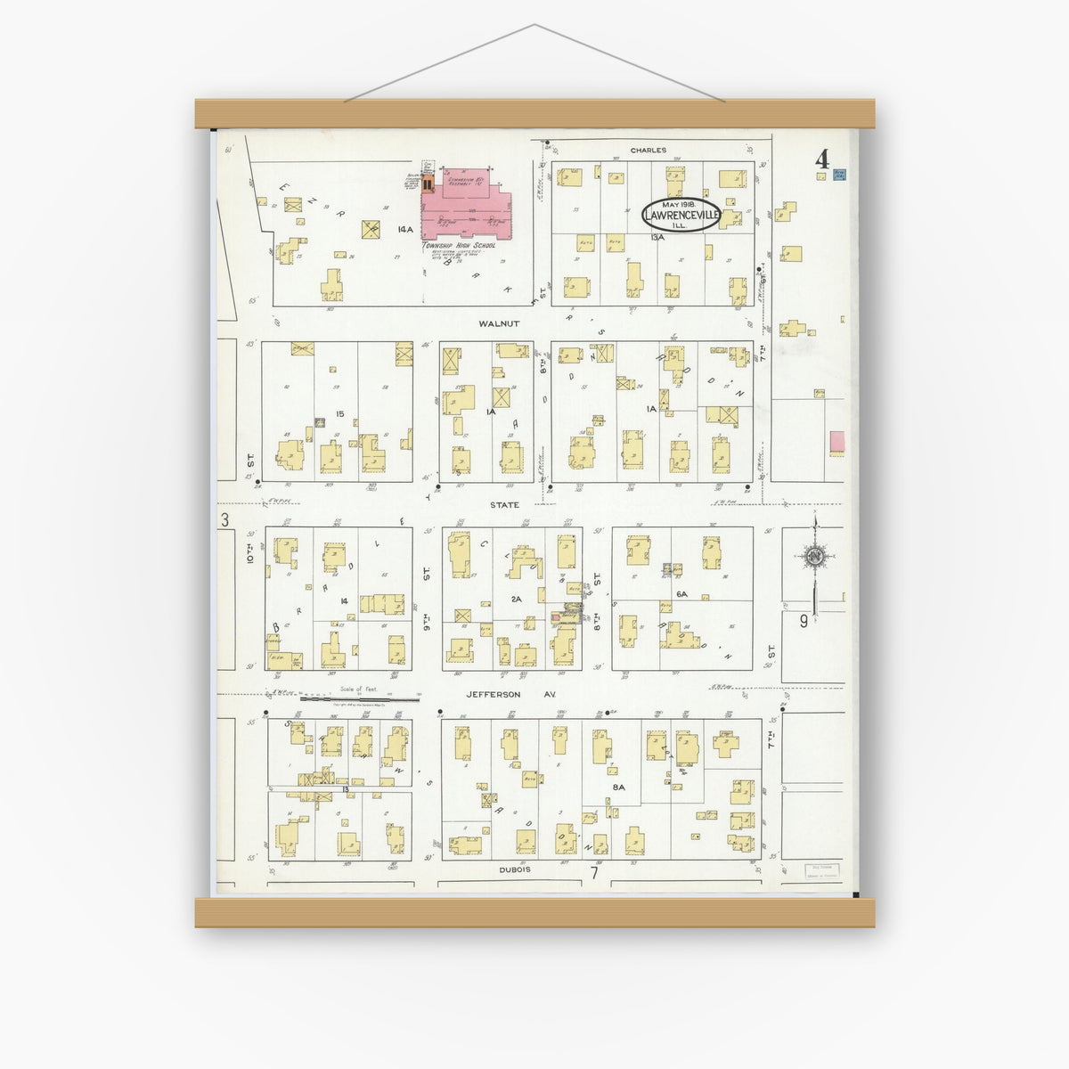 Old map wall art mockup — magnetic wood frame on white wall — Sanborn Fire Insurance Map from Lawrenceville, Lawrence County, Illinois (1918), Sheet #0004