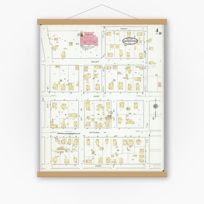 Old map wall art mockup — magnetic wood frame on white wall — Sanborn Fire Insurance Map from Lawrenceville, Lawrence County, Illinois (1918), Sheet #0004