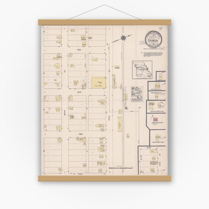 Old map wall art mockup — magnetic wood frame on white wall — Sanborn Fire Insurance Map from Grandin, Carter County, Missouri (1922), Sheet #0001