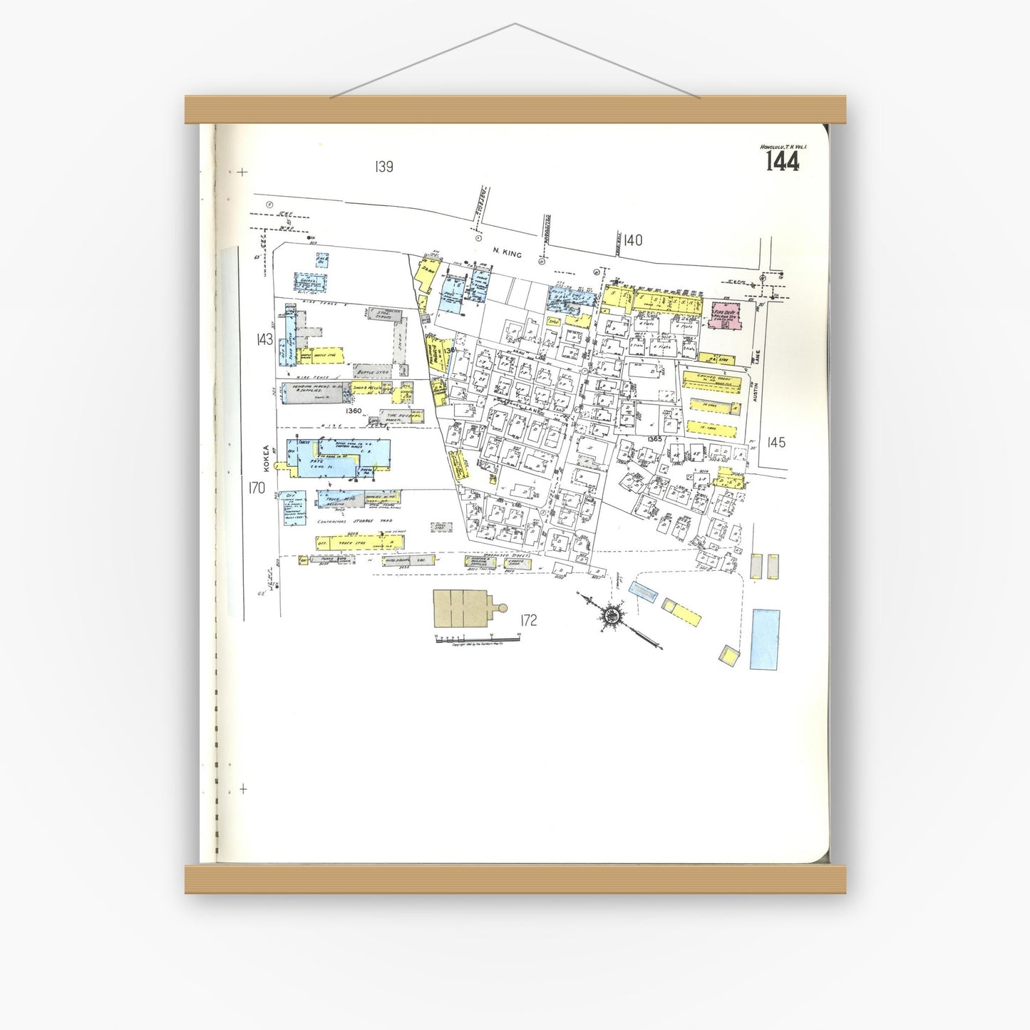 Old map wall art mockup — magnetic wood frame on white wall — Sanborn Fire Insurance Map from Honolulu, Oahu County, Hawaii (1955), Sheet #0144