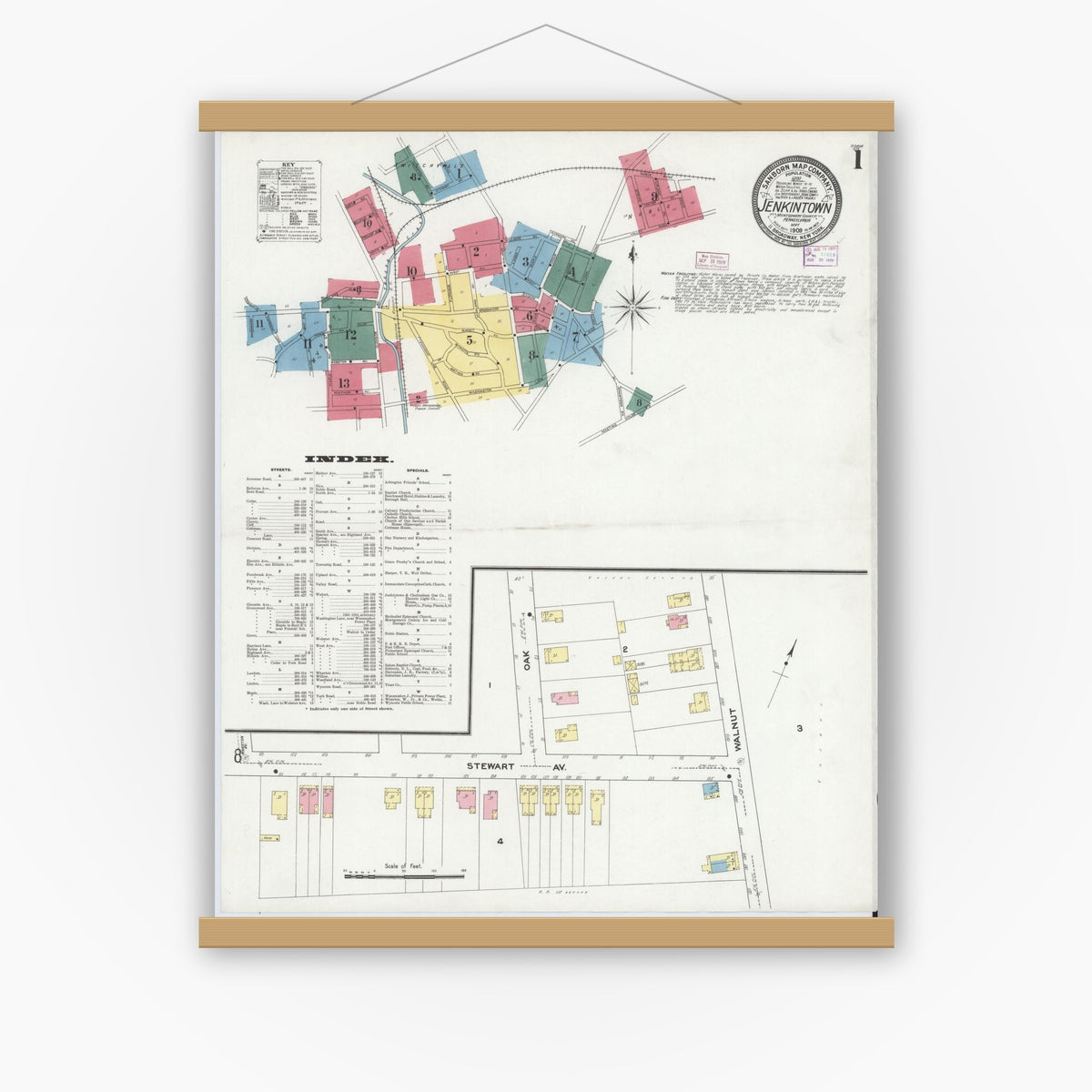 Old map wall art mockup — magnetic wood frame on white wall — Sanborn Fire Insurance Map from Jenkintown, Montgomery County, Pennsylvania (1909) - Complete Map Set