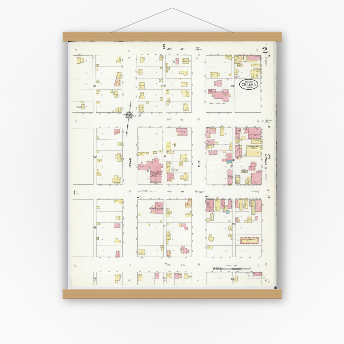 Old map wall art mockup — magnetic wood frame on white wall — Sanborn Fire Insurance Map from Chaska, Carver County, Minnesota (1910), Sheet #0002