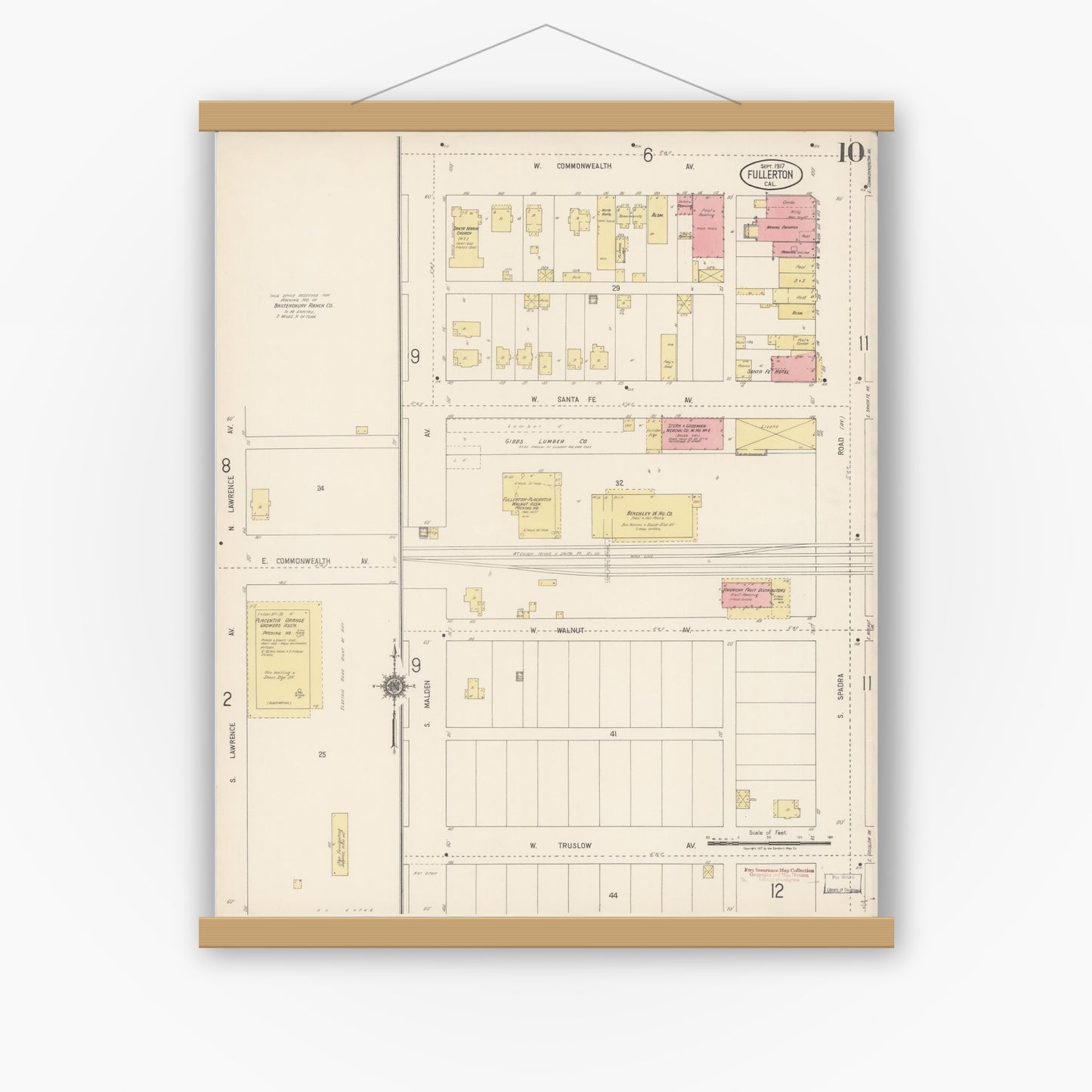 Old map wall art mockup — magnetic wood frame on white wall — Sanborn Fire Insurance Map from Fullerton, Orange County, California (1917), Sheet #0010