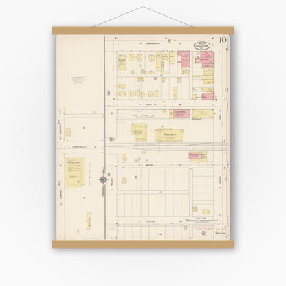 Old map wall art mockup — magnetic wood frame on white wall — Sanborn Fire Insurance Map from Fullerton, Orange County, California (1917), Sheet #0010