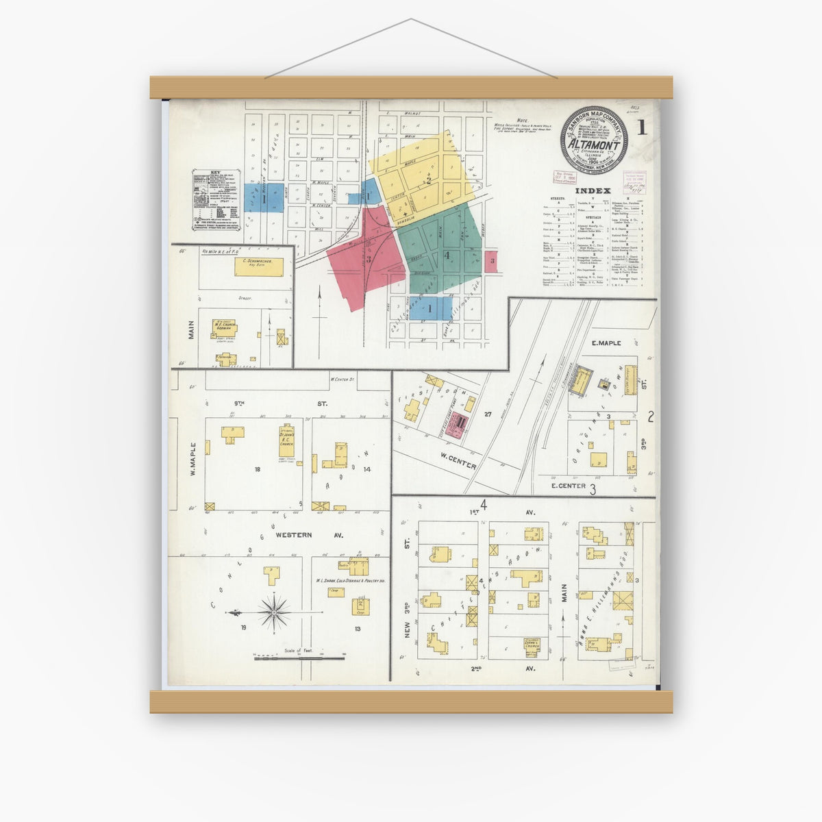 Old map wall art mockup — magnetic wood frame on white wall — Sanborn Fire Insurance Map from Altamont, Effingham County, Illinois (1906) - Complete Map Set