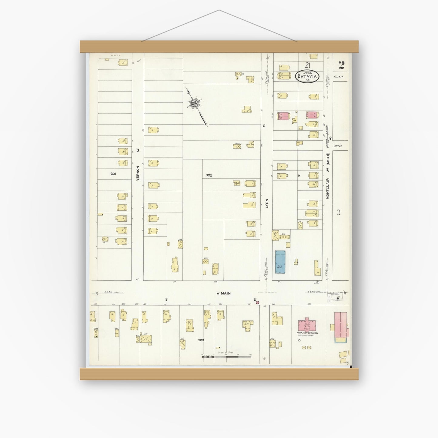 Old map wall art mockup — magnetic wood frame on white wall — Sanborn Fire Insurance Map from Batavia, Genesee County, New York (1912), Sheet #0002