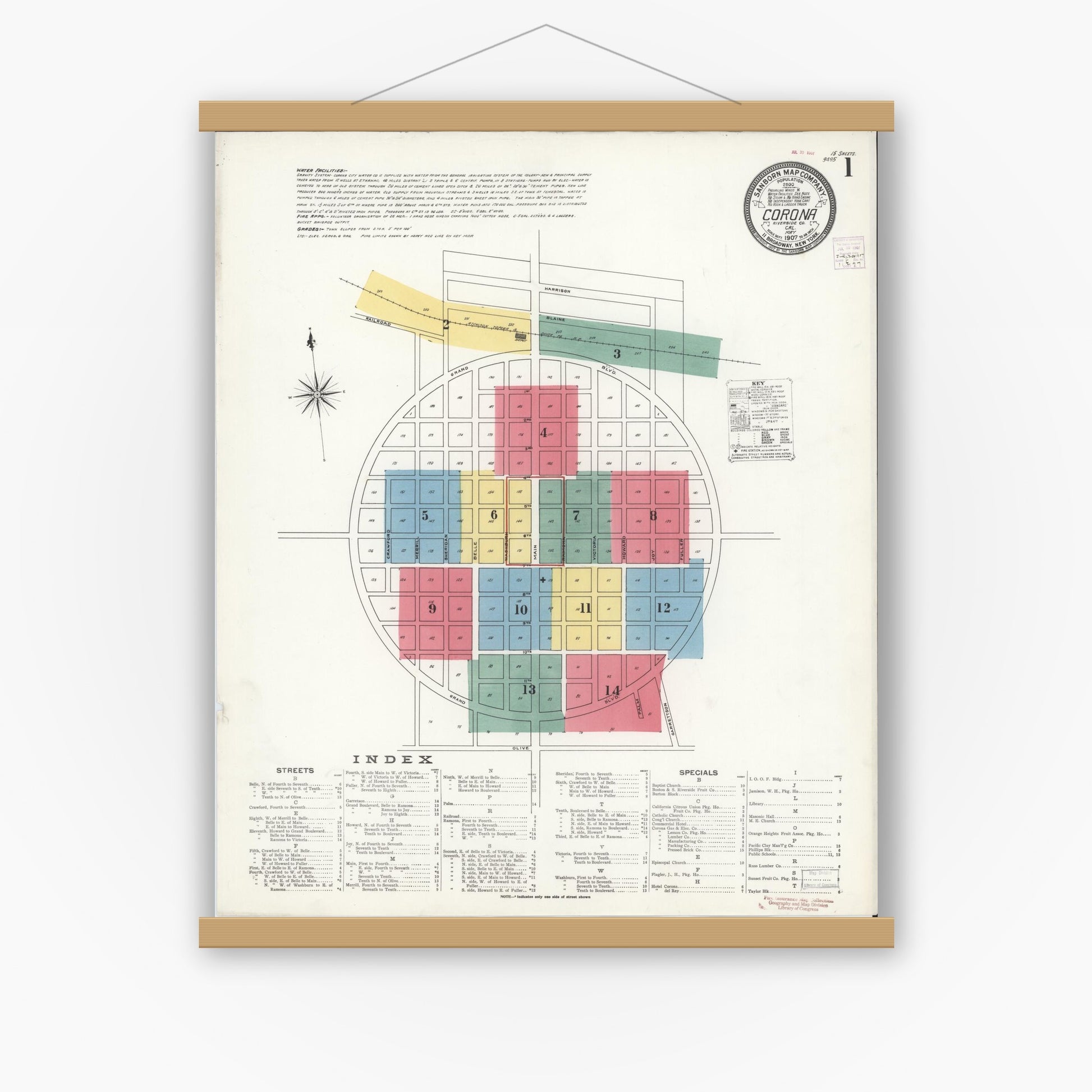 Old map wall art mockup — magnetic wood frame on white wall — Sanborn Fire Insurance Map from Corona, Riverside County, California (1907) - Complete Map Set