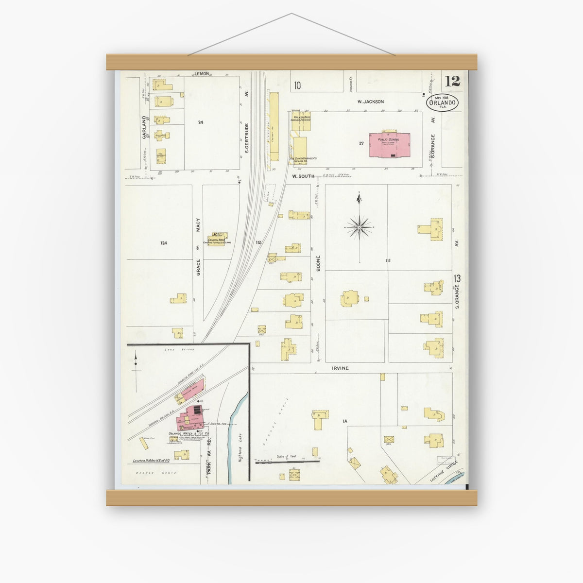 Old map wall art mockup — magnetic wood frame on white wall — Sanborn Fire Insurance Map from Orlando, Orange County, Florida (1908), Sheet #0012