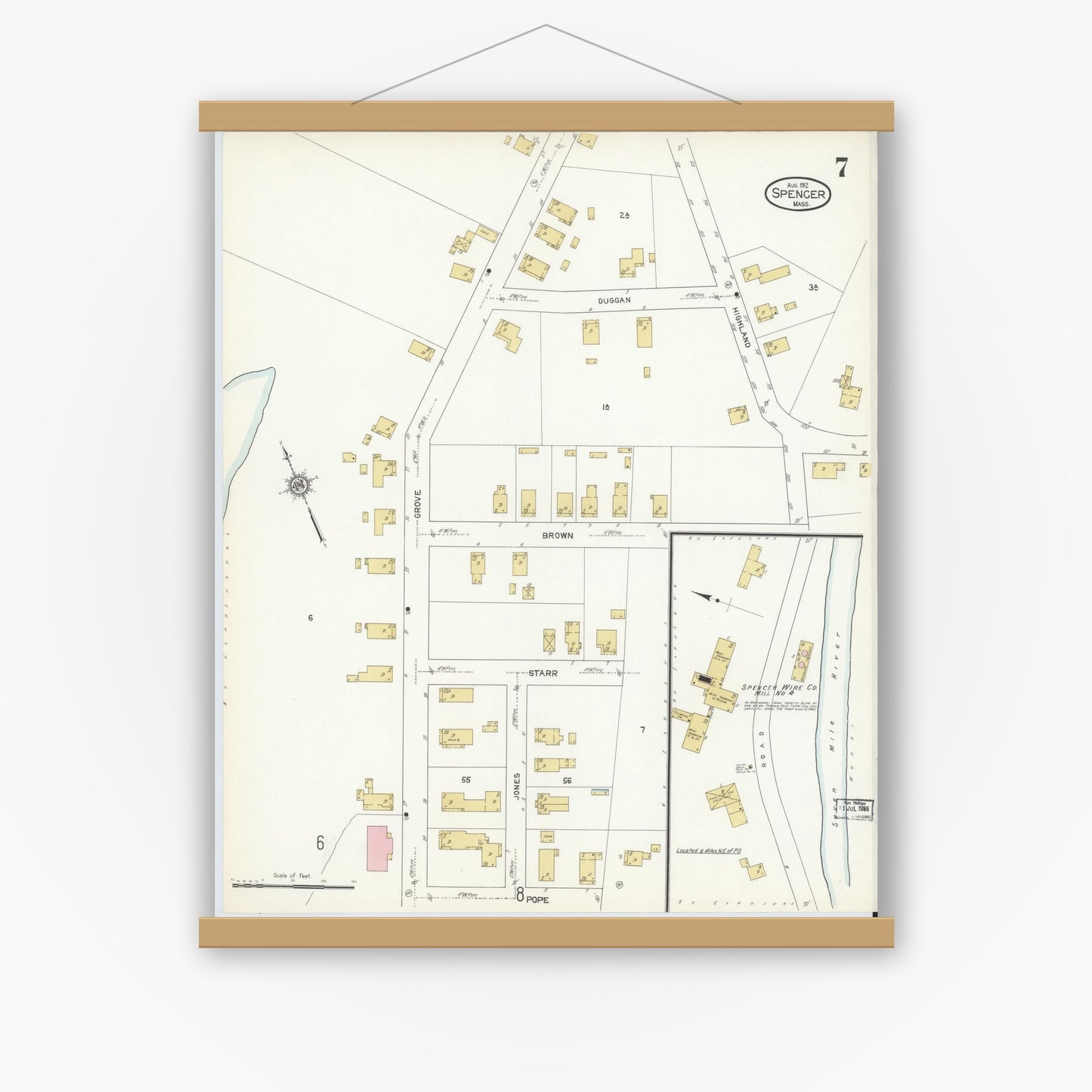 Old map wall art mockup — magnetic wood frame on white wall — Sanborn Fire Insurance Map from Spencer, Worcester County, Massachusetts (1912), Sheet #0007