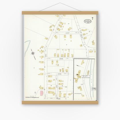 Old map wall art mockup — magnetic wood frame on white wall — Sanborn Fire Insurance Map from Spencer, Worcester County, Massachusetts (1912), Sheet #0007