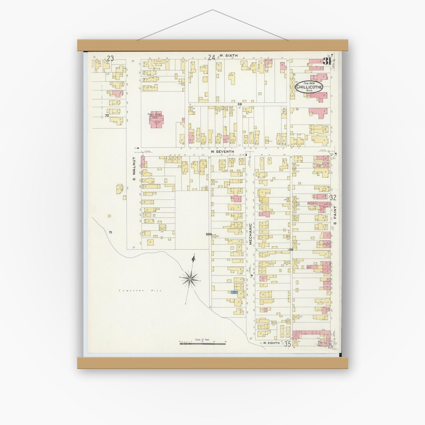 Old map wall art mockup — magnetic wood frame on white wall — Sanborn Fire Insurance Map from Chillicothe, Ross County, Ohio (1909), Sheet #0031