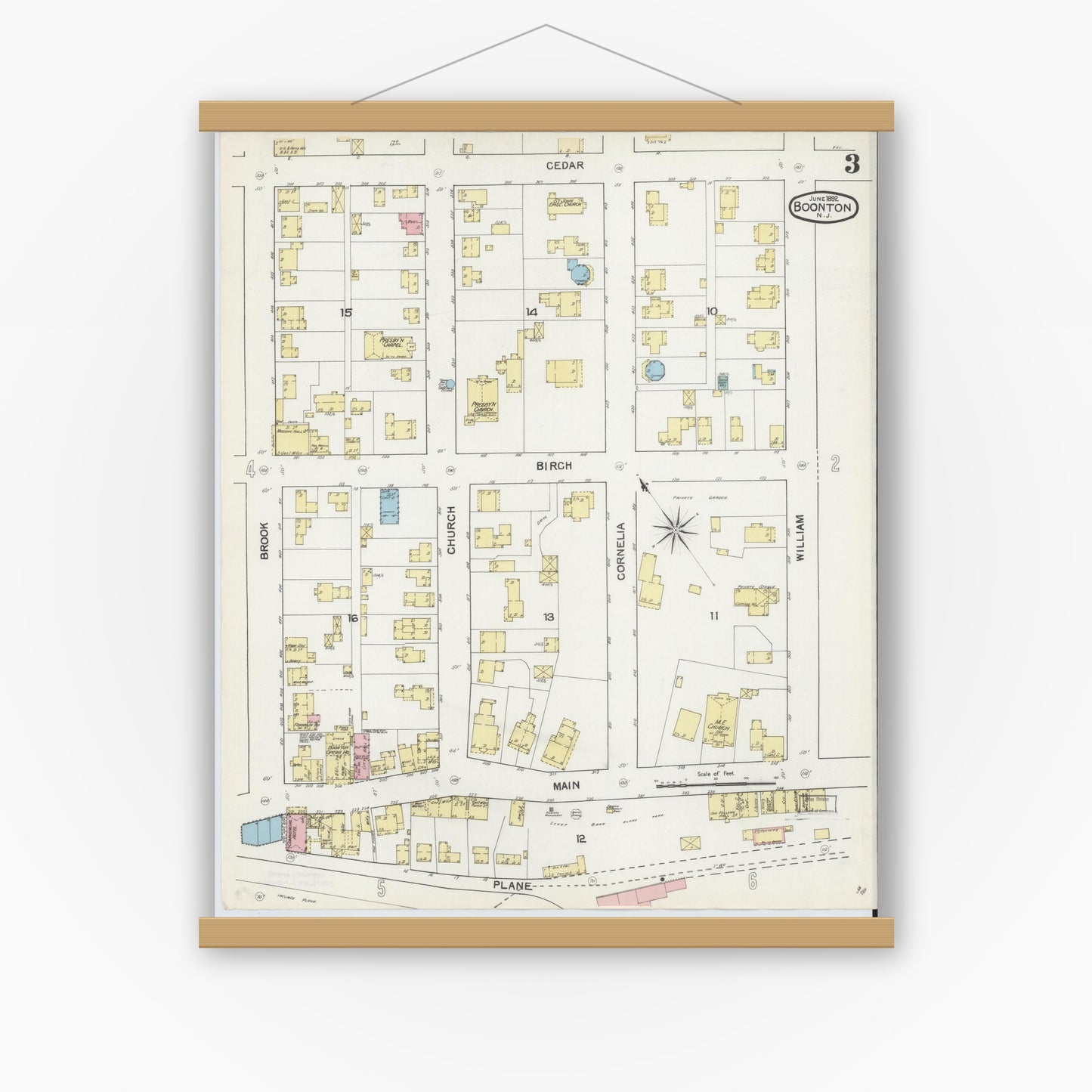 Old map wall art mockup — magnetic wood frame on white wall — Sanborn Fire Insurance Map from Boonton, Morris County, New Jersey (1892), Sheet #0003