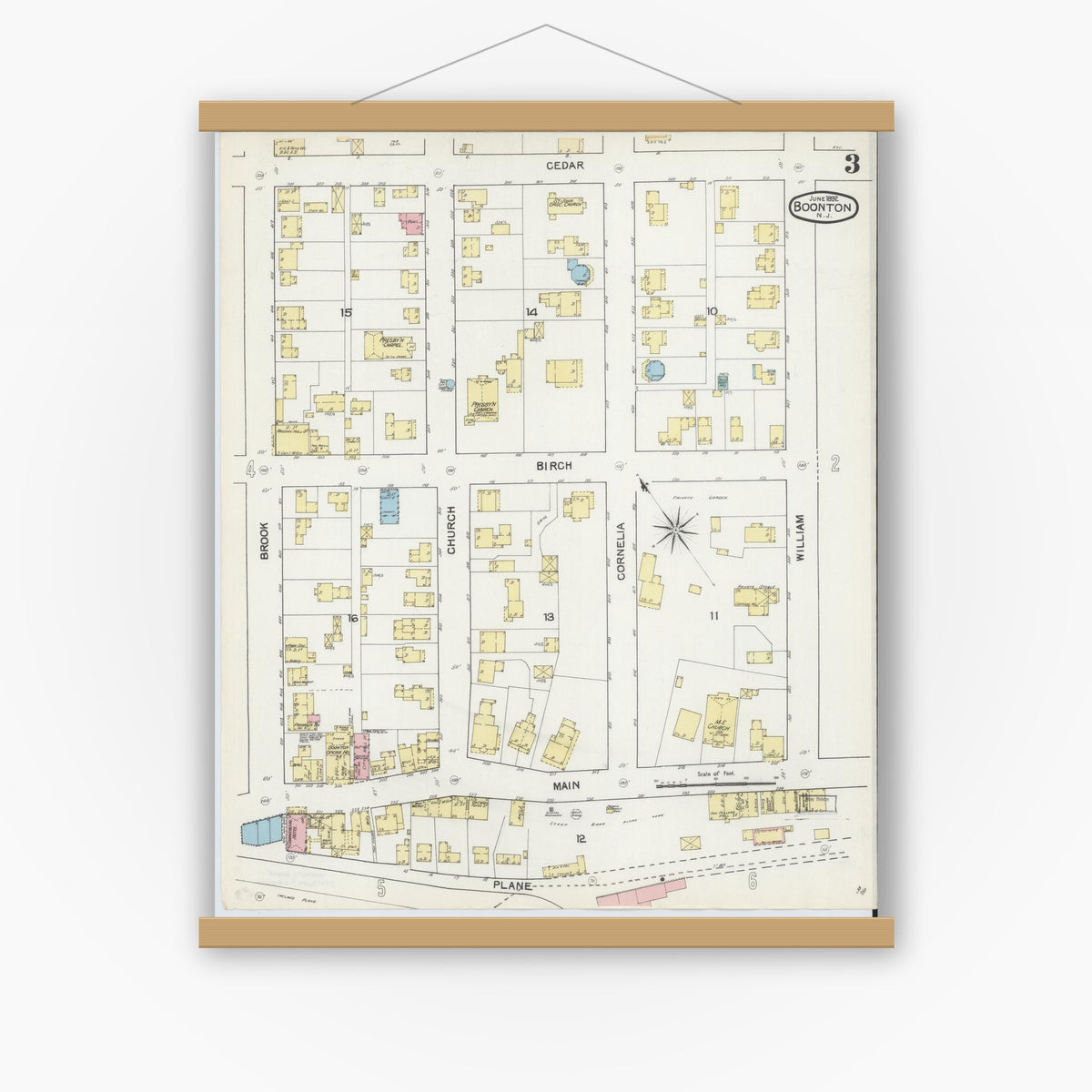 Old map wall art mockup — magnetic wood frame on white wall — Sanborn Fire Insurance Map from Boonton, Morris County, New Jersey (1892), Sheet #0003