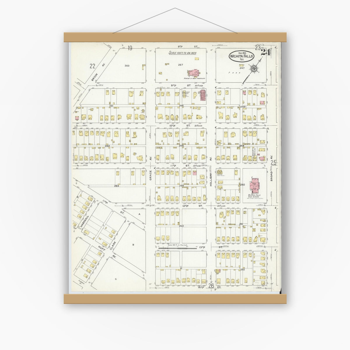 Old map wall art mockup — magnetic wood frame on white wall — Sanborn Fire Insurance Map from Wichita Falls, Wichita County, Texas (1915), Sheet #0024