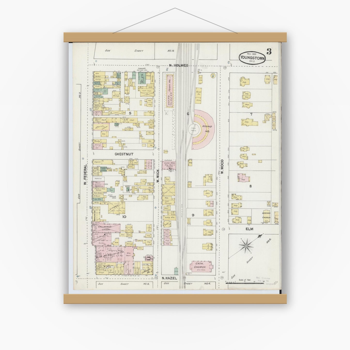 Old map wall art mockup — magnetic wood frame on white wall — Sanborn Fire Insurance Map from Youngstown, Mahoning County, Ohio (1889), Sheet #0003