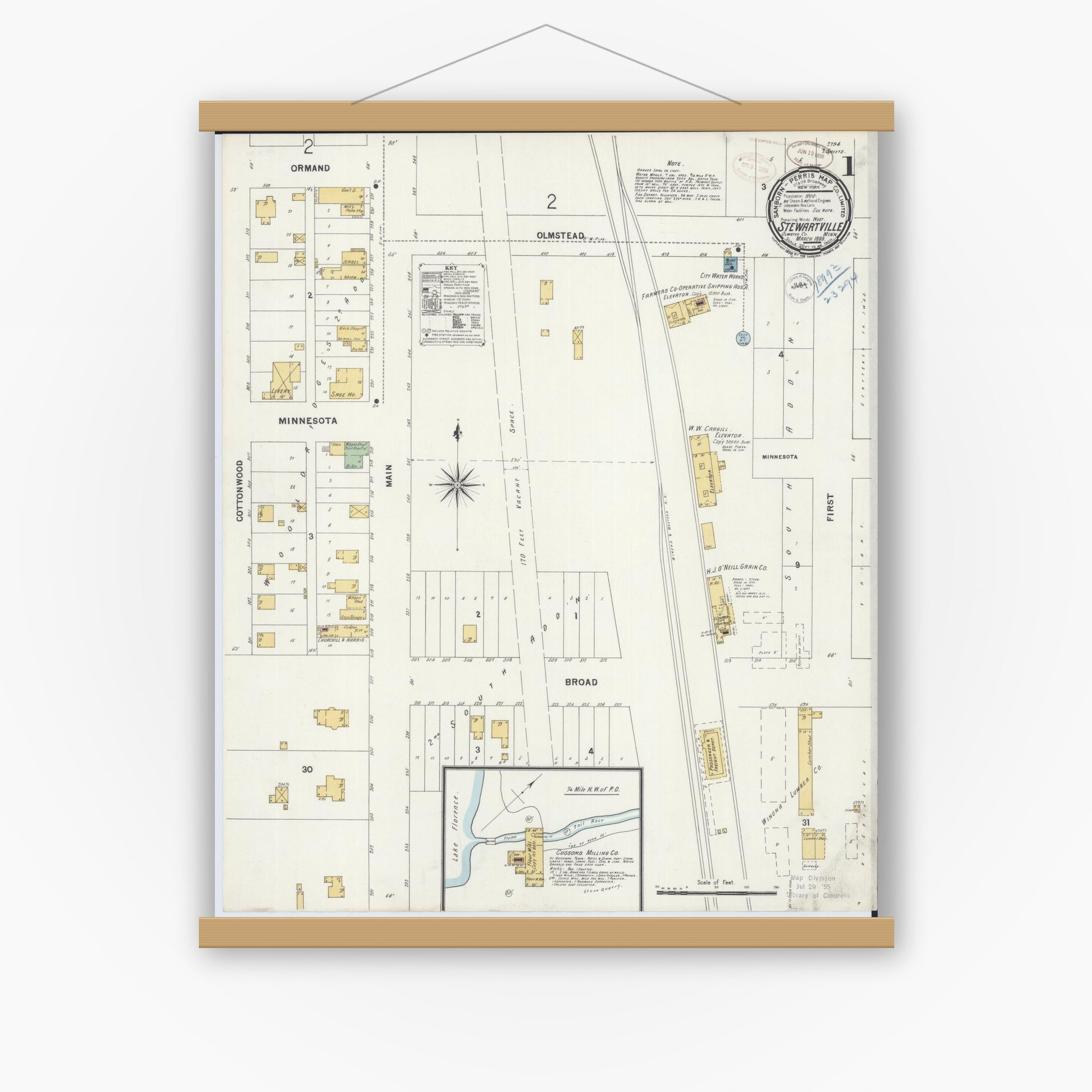 Old map wall art mockup — magnetic wood frame on white wall — Sanborn Fire Insurance Map from Stewartville, Olmsted County, Minnesota (1899) - Complete Map Set