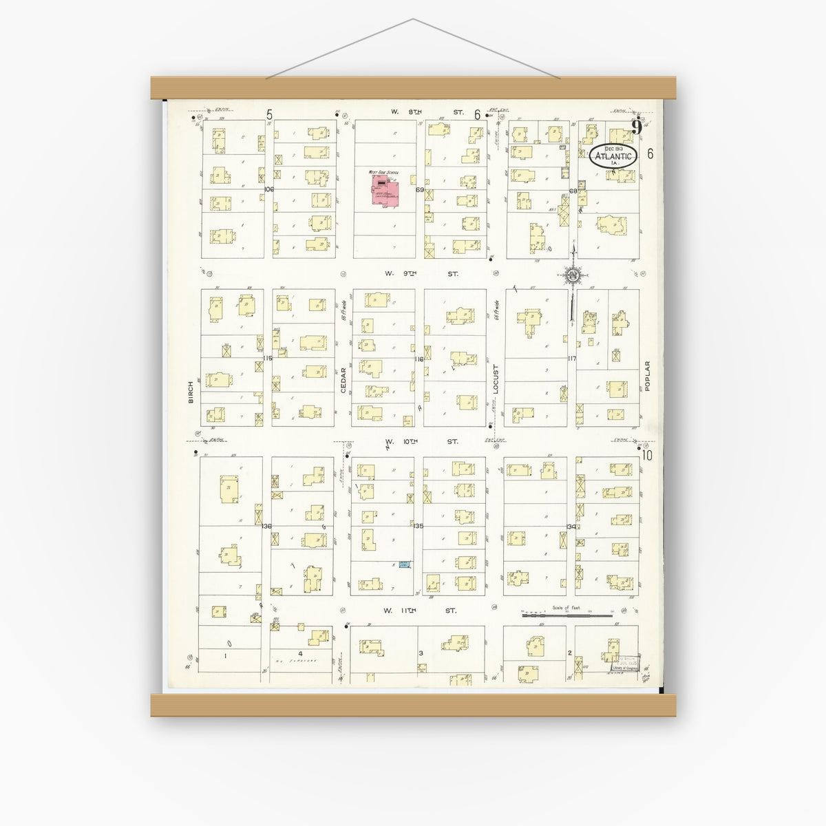 Old map wall art mockup — magnetic wood frame on white wall — Sanborn Fire Insurance Map from Atlantic, Cass County, Iowa (1913), Sheet #0009