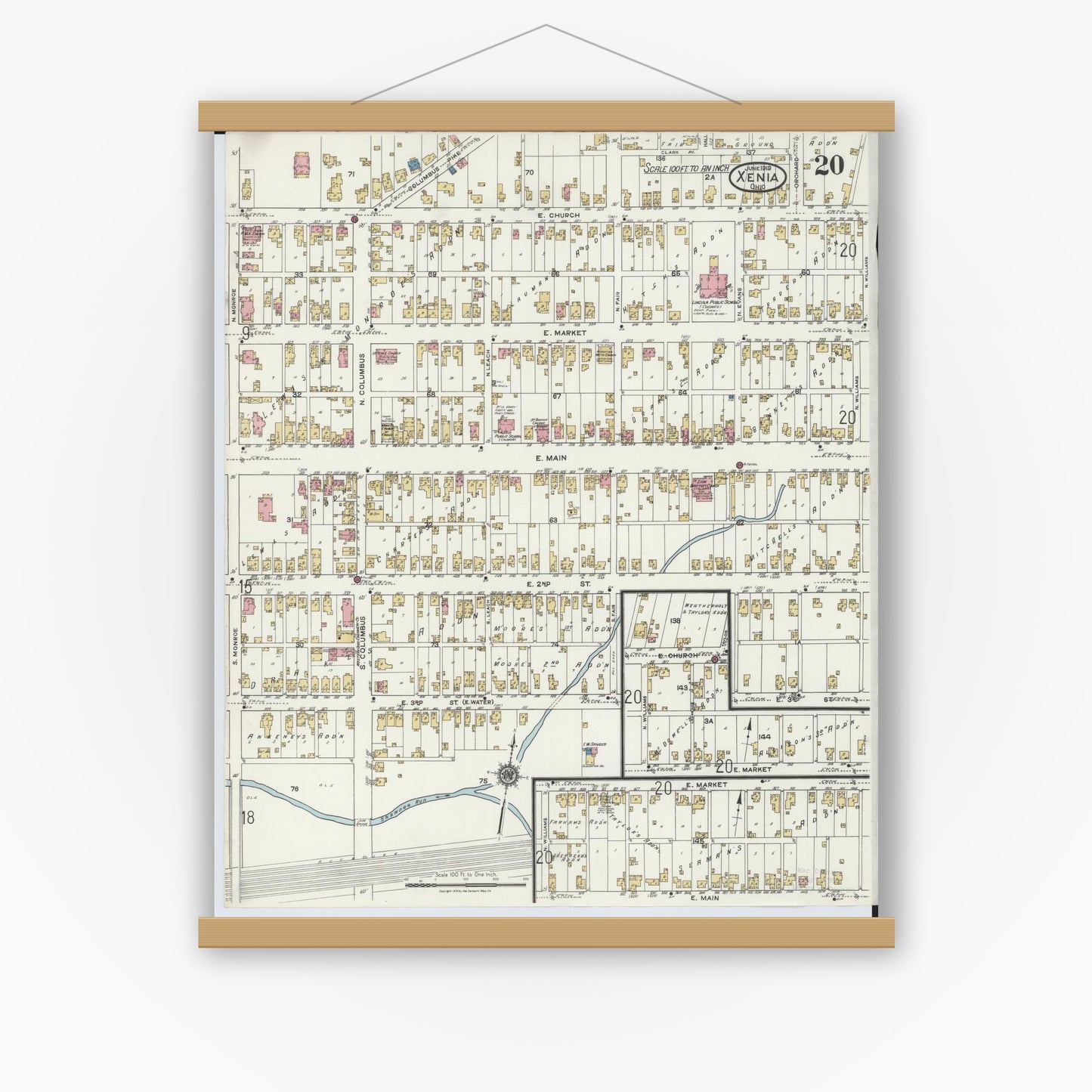 Old map wall art mockup — magnetic wood frame on white wall — Sanborn Fire Insurance Map from Xenia, Greene County, Ohio (1919), Sheet #0020