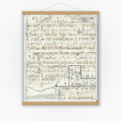 Old map wall art mockup — magnetic wood frame on white wall — Sanborn Fire Insurance Map from Xenia, Greene County, Ohio (1919), Sheet #0020
